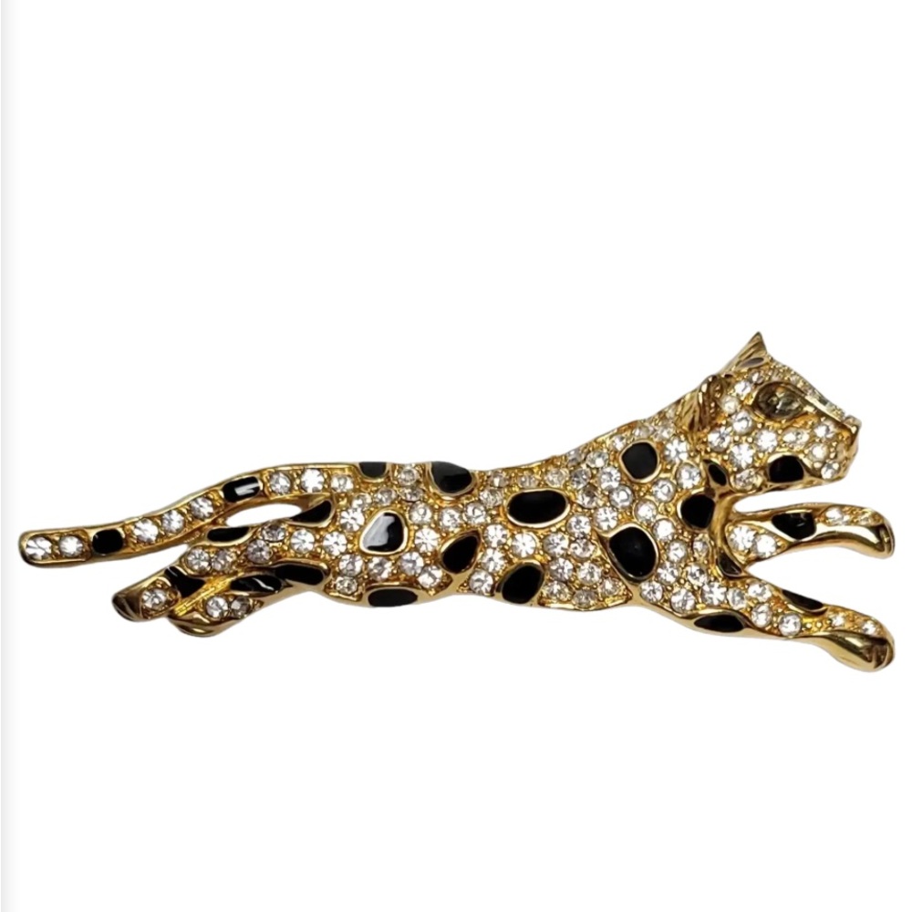 Vintage Trifari Gold Leopard Brooch Pave Rhinestone & Black Enamel 1980’s Signed